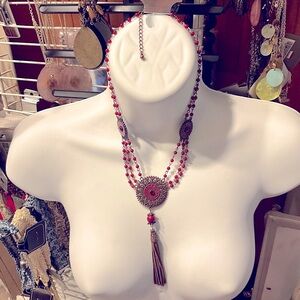 Elegant Red Beaded CRYSTAL Necklace with Tassel ELEGANT HOBBO NEW